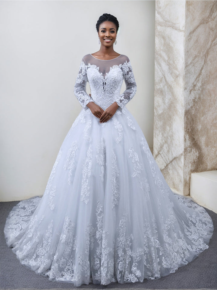Robes de Mariée Coupe A-Line/Princesse à Col Rond et Manches Longues avec Appliques en Dentelle