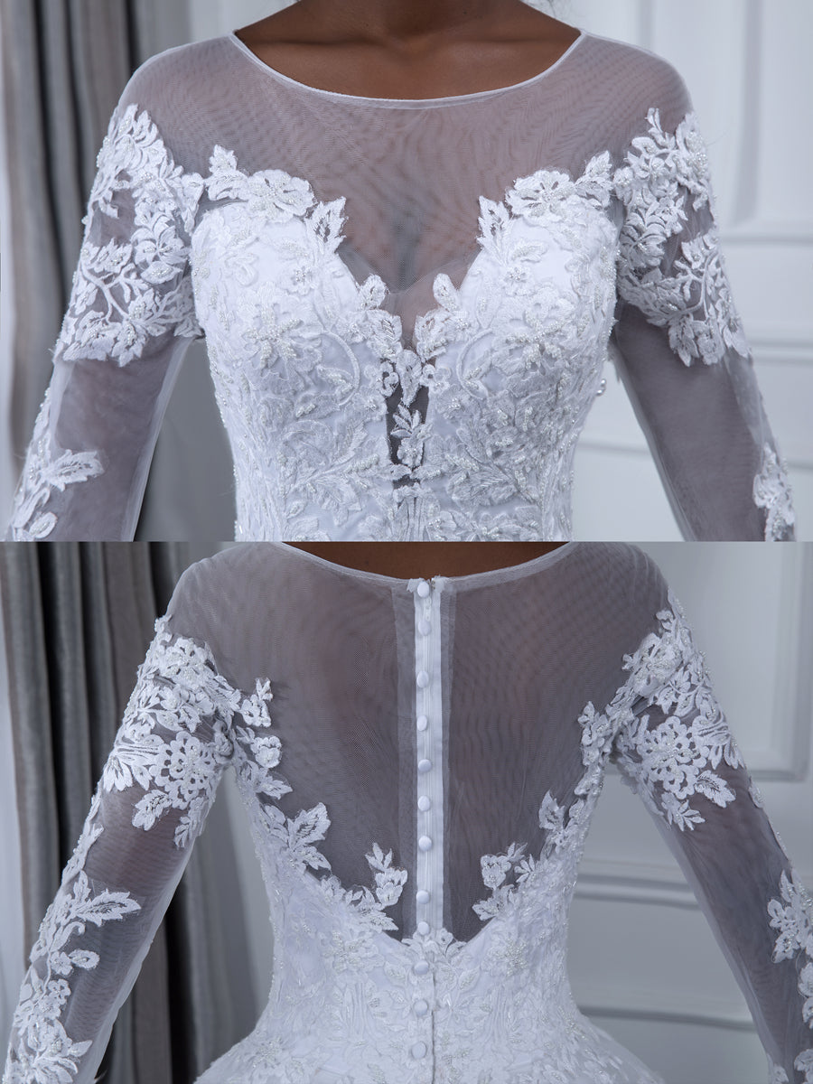 Robes de Mariée Coupe A-Line/Princesse à Col Rond et Manches Longues avec Appliques en Dentelle
