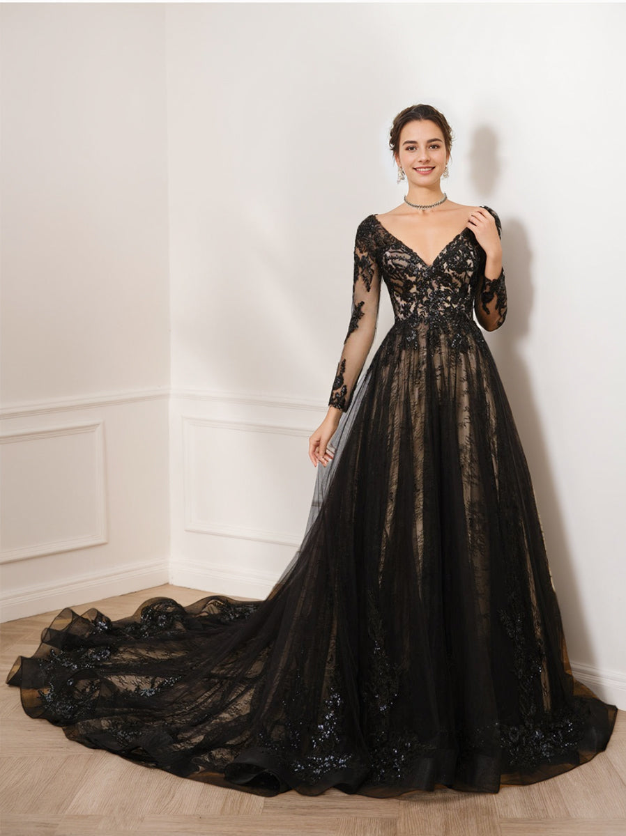 Robe de Mariée en Tulle à Manches Longues et Col en V, Coupe A-Line/Princess, avec Appliques et Perles