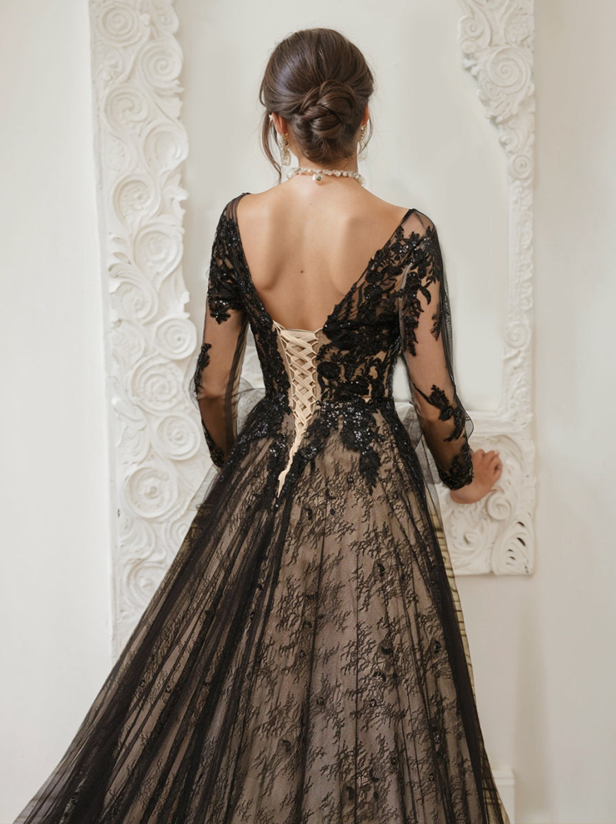 Robe de Mariée en Tulle à Manches Longues et Col en V, Coupe A-Line/Princess, avec Appliques et Perles