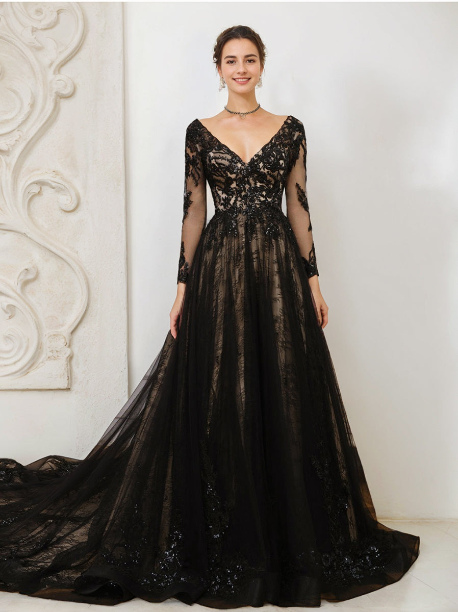 Robe de Mariée en Tulle à Manches Longues et Col en V, Coupe A-Line/Princess, avec Appliques et Perles