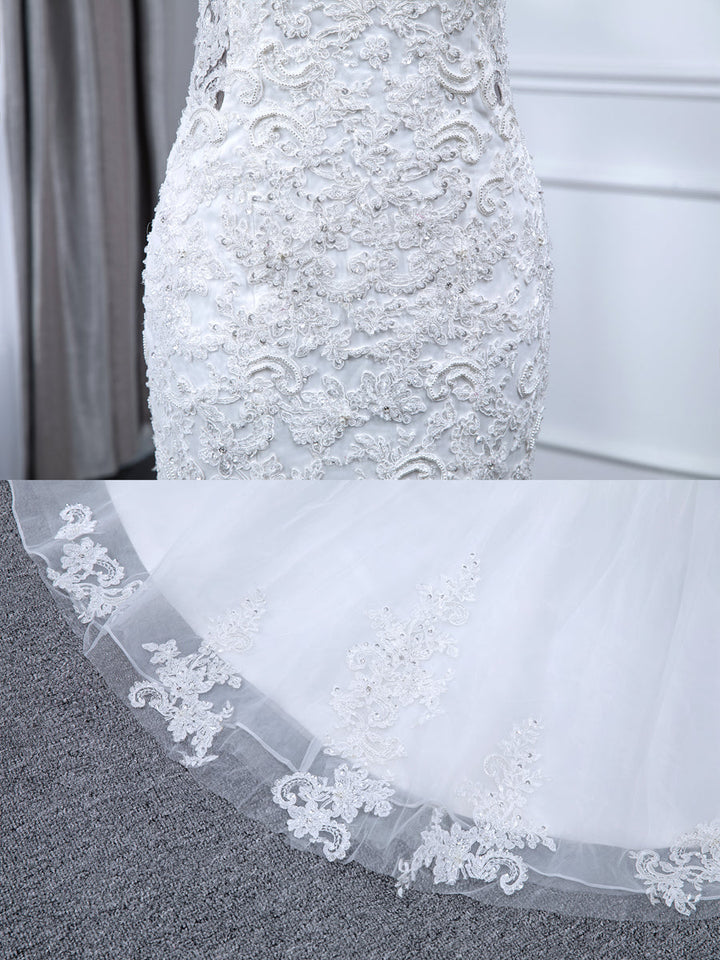 Robes de Mariée Trompette/Sirène à Col en V Sans Manches avec Appliques en Dentelle