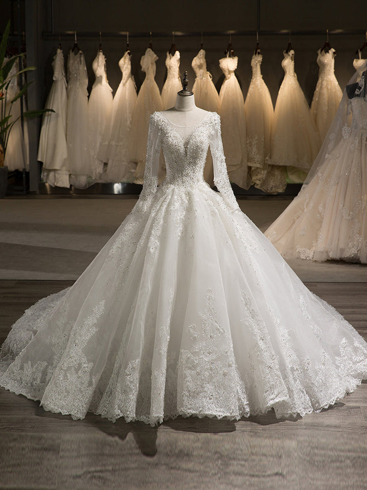 Robe de Mariée Trapèze/Princesse en Tulle à Manches Longues avec Appliques en Dentelle et Perles