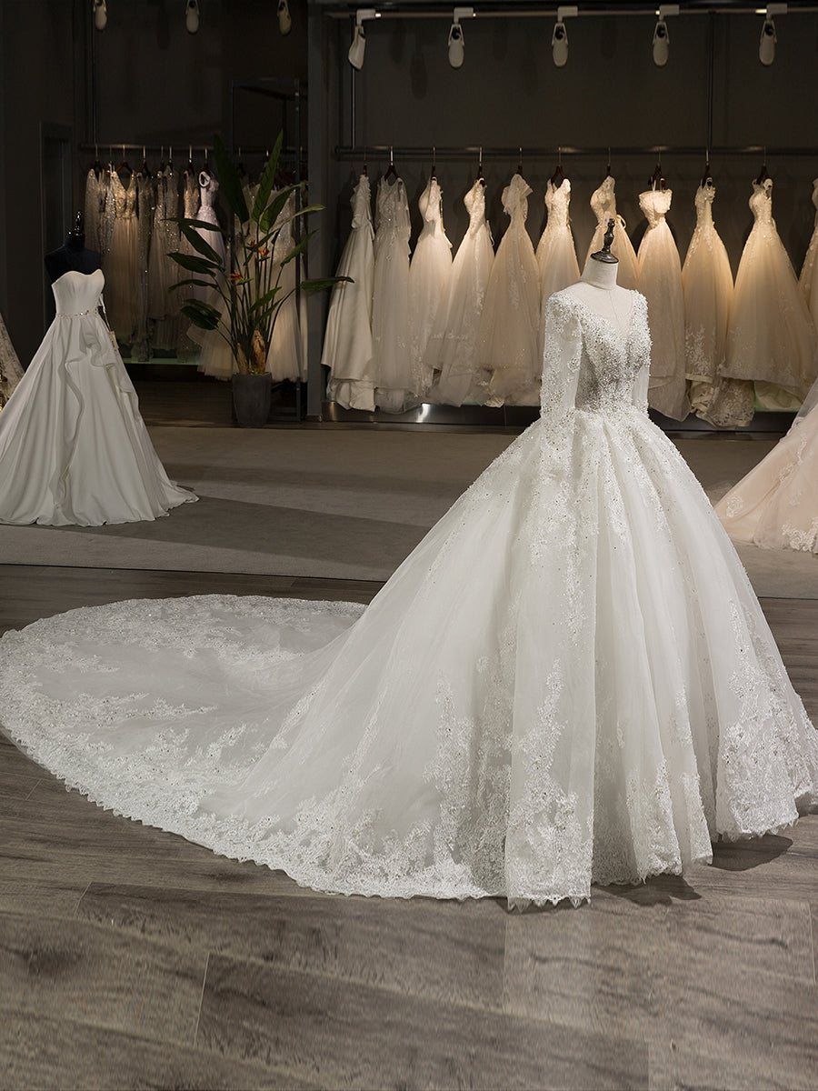 Robe de Mariée Trapèze/Princesse en Tulle à Manches Longues avec Appliques en Dentelle et Perles