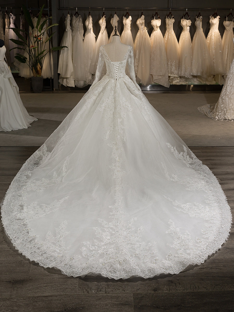 Robe de Mariée Trapèze/Princesse en Tulle à Manches Longues avec Appliques en Dentelle et Perles