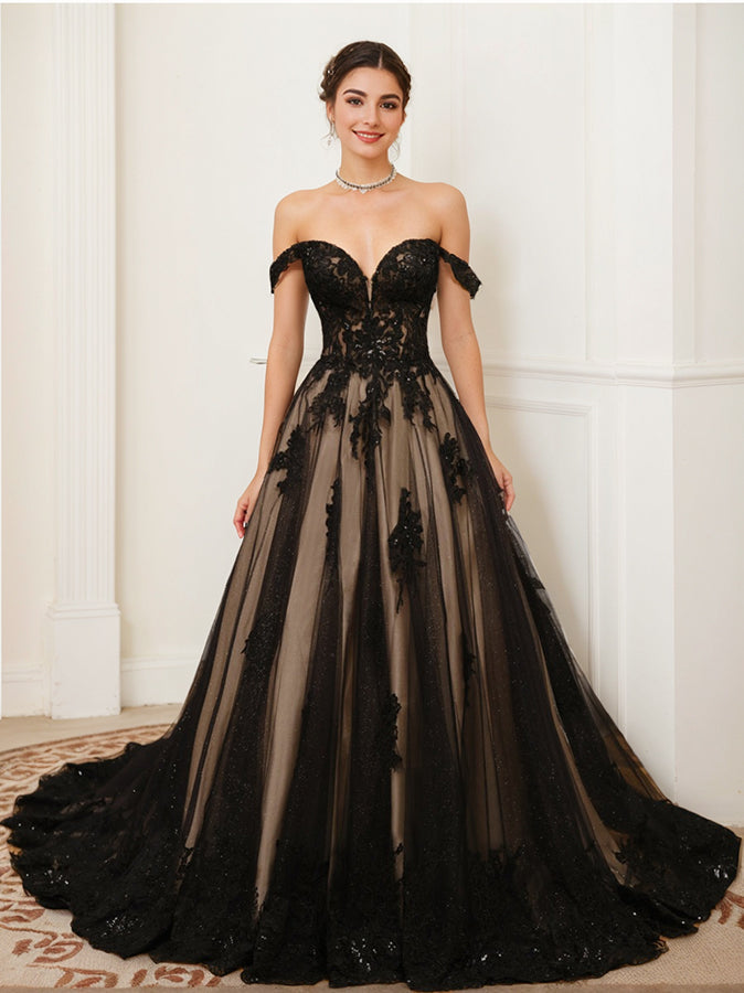 Robe de Mariée Trapèze/Princesse en Tulle Sans Manches à Épaules Dénudées avec Appliques et Perles