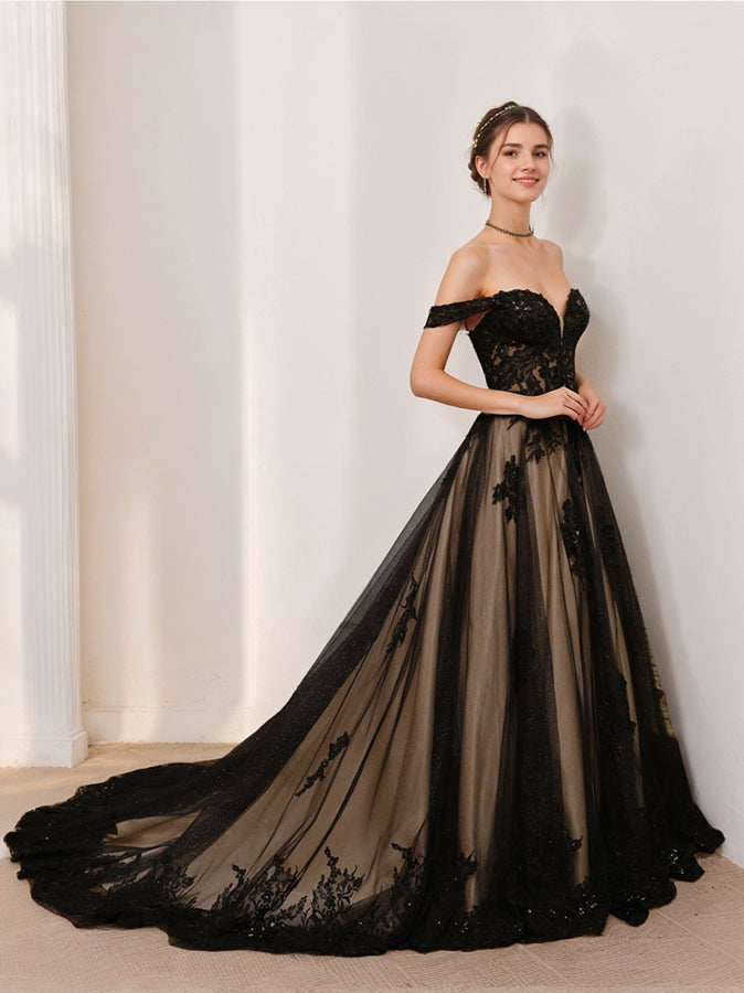 Robe de Mariée Trapèze/Princesse en Tulle Sans Manches à Épaules Dénudées avec Appliques et Perles