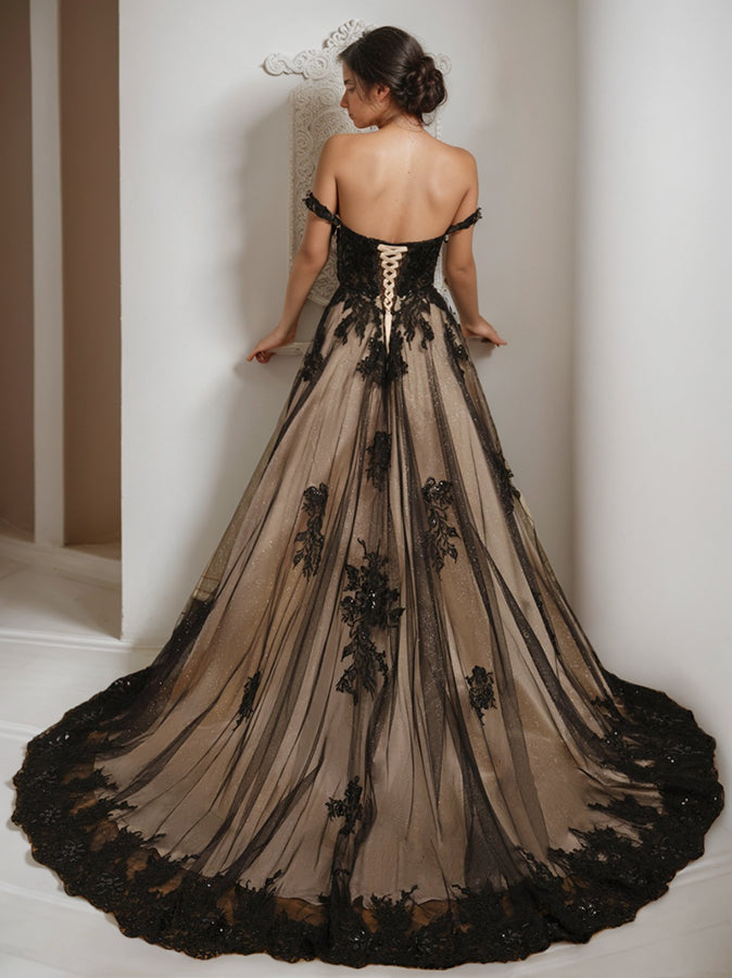 Robe de Mariée Trapèze/Princesse en Tulle Sans Manches à Épaules Dénudées avec Appliques et Perles