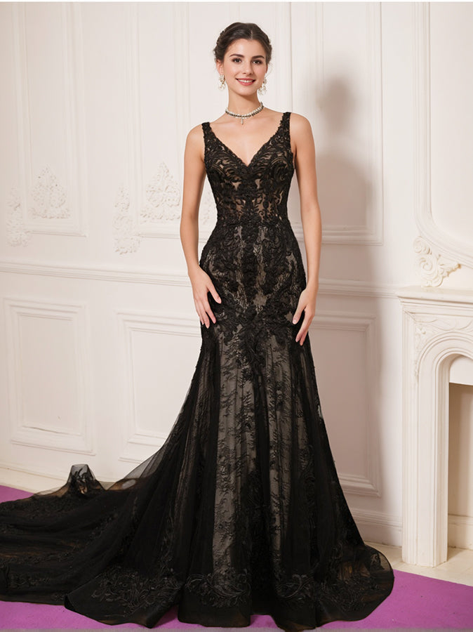 Robe de Mariée Noire Sans Manches à Col en V et à Coupe Sirène avec Appliques en Dentelle