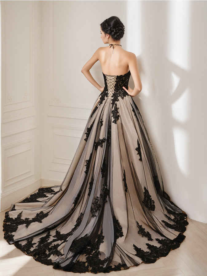 Robe de Mariée Noire Sans Manches et Sans Bretelles avec Perles et Appliques