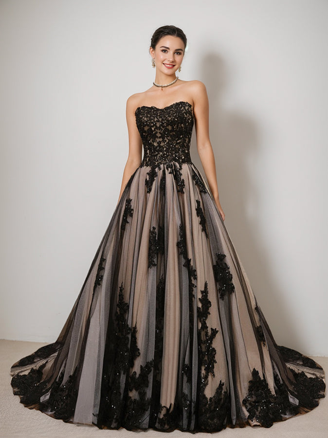 Robe de Mariée Noire Sans Manches et Sans Bretelles avec Perles et Appliques