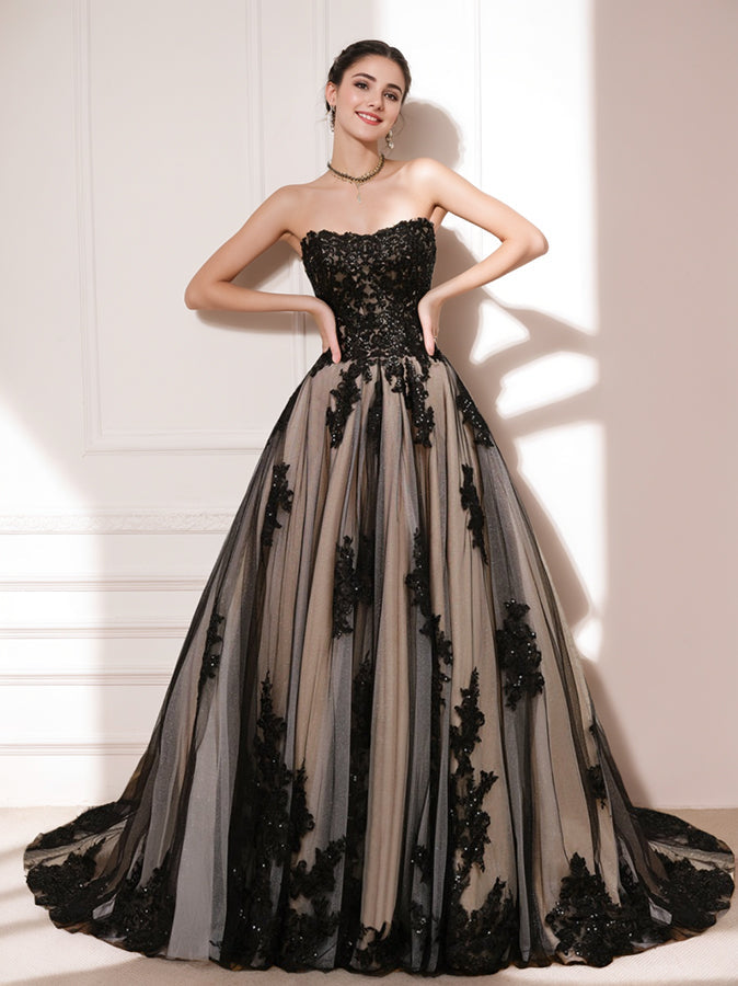 Robe de Mariée Noire Sans Manches et Sans Bretelles avec Perles et Appliques