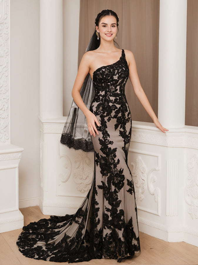 Robe de Mariée Sexy Sans Manches à Une Épaule et à Coupe Sirène avec Appliques