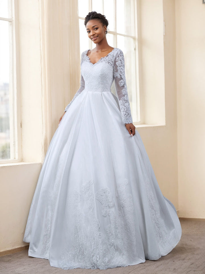 Robe de Mariée Blanche à Manches Longues et Col en V avec Appliques
