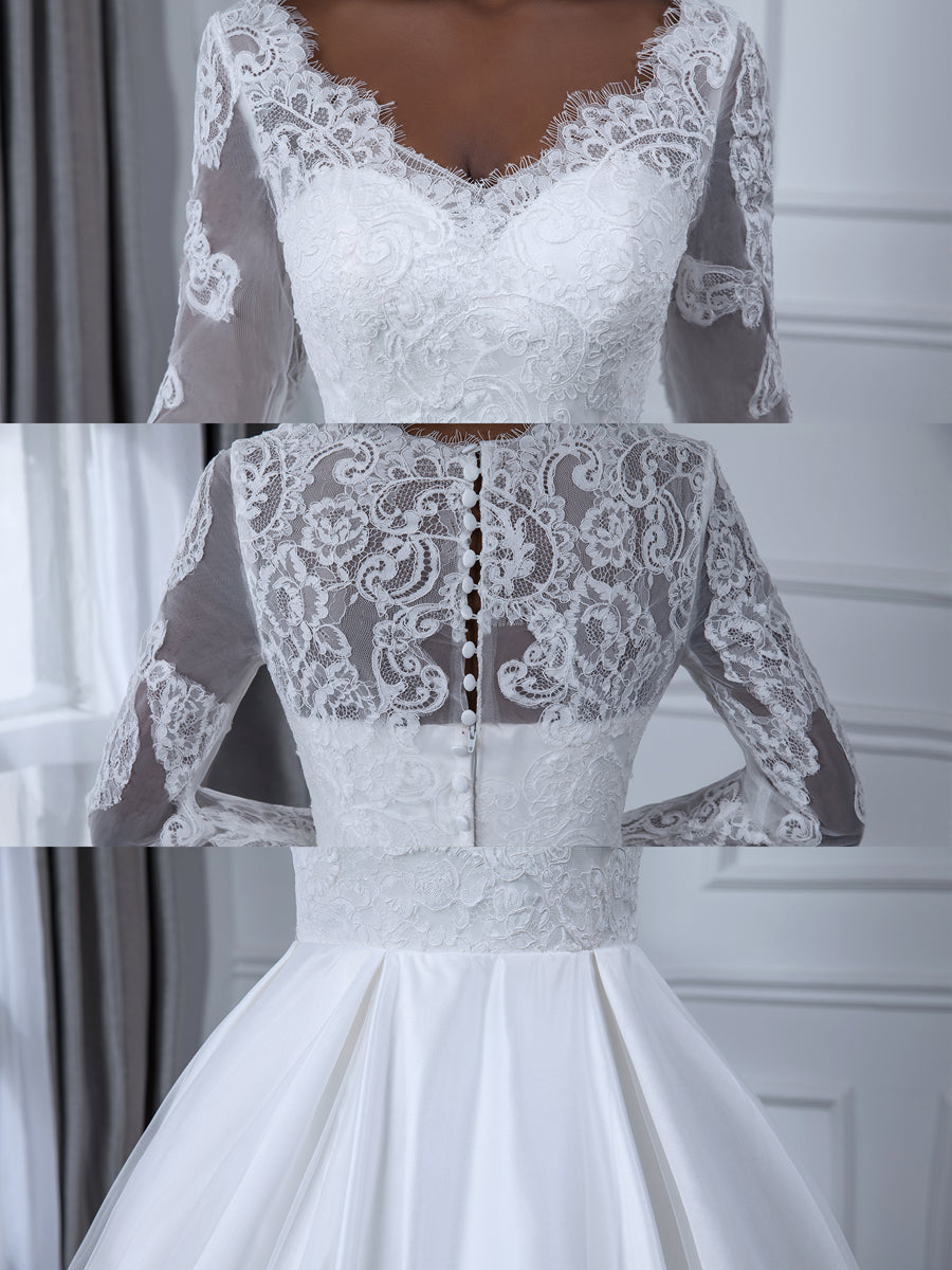 Robe de Mariée Blanche à Manches Longues et Col en V avec Appliques