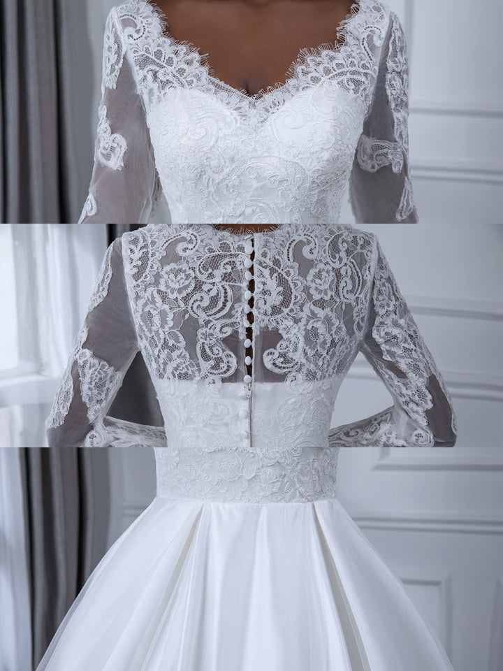 Robe de Mariée Blanche à Manches Longues et Col en V avec Appliques