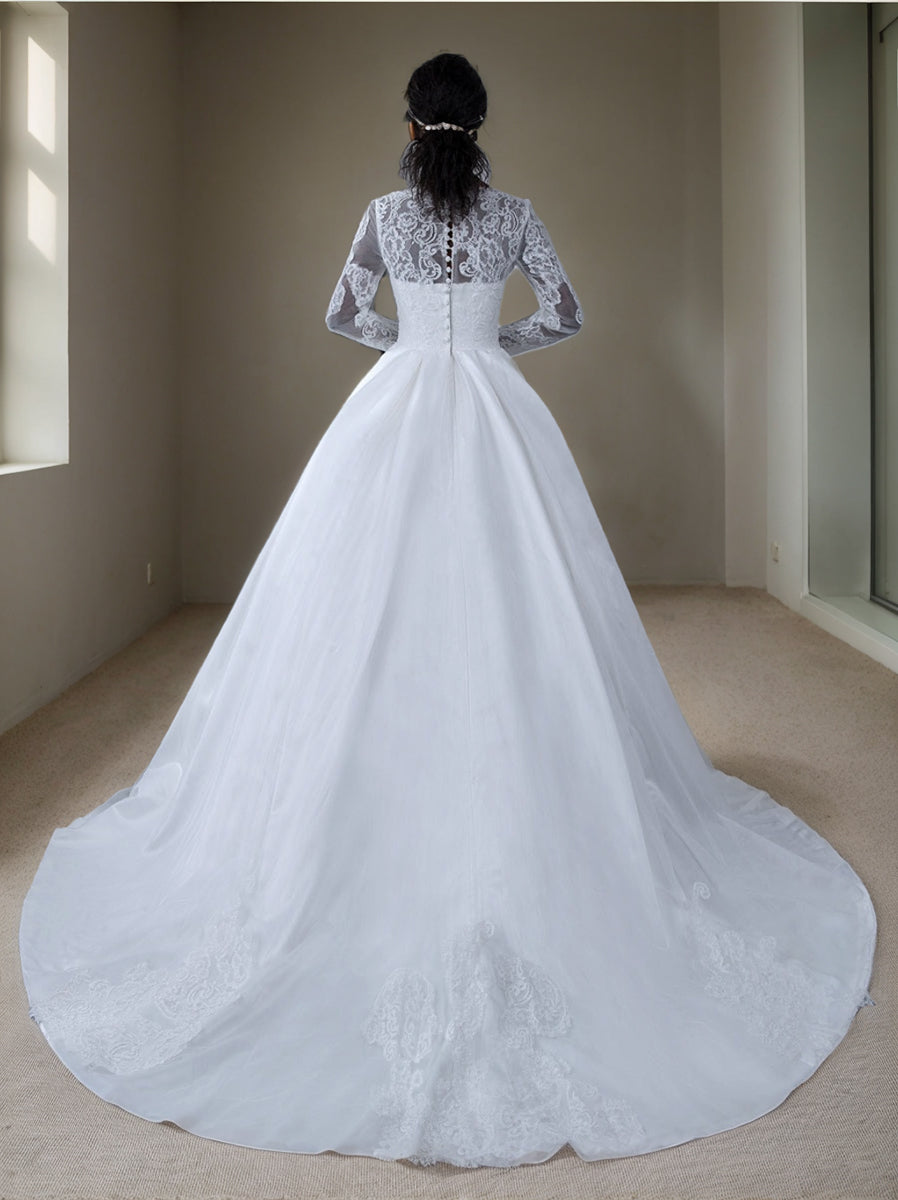 Robe de Mariée Blanche à Manches Longues et Col en V avec Appliques