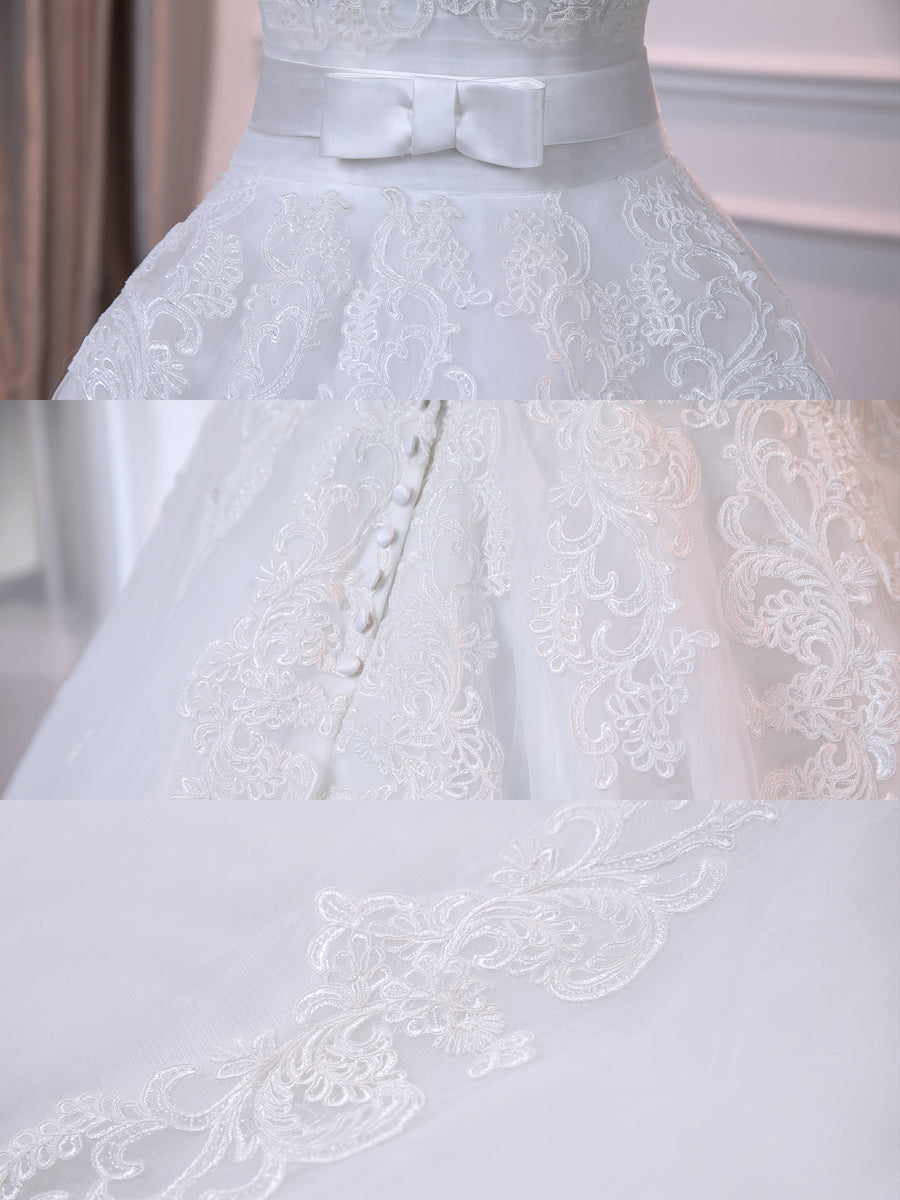 Robe de Mariée Blanche à Col en V Sans Manches avec Appliques et Ceinture à Nœud