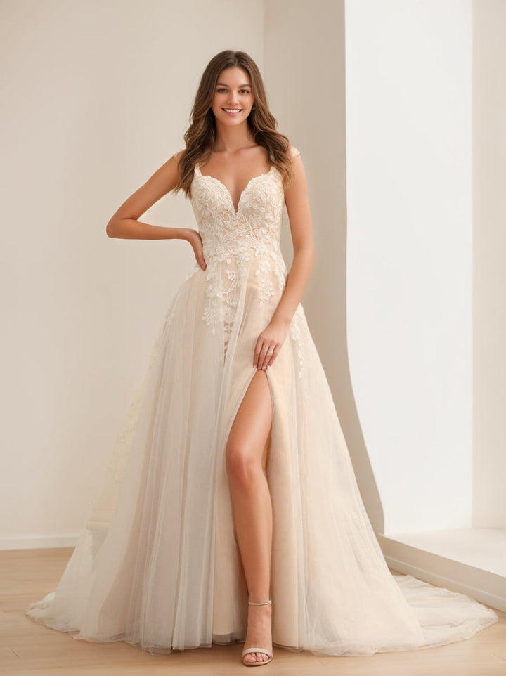 Robe de Mariée Longue Sans Manches Coupe A-Line/Princess avec Appliques et Fente Sur le Côté