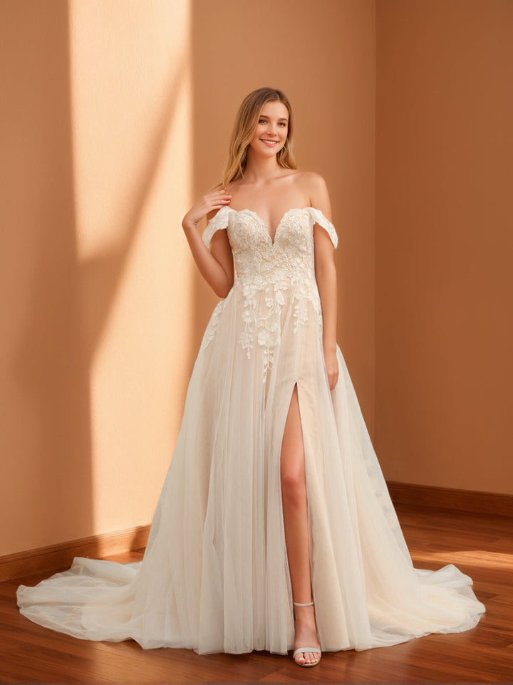 Robe de Mariée Longue Sans Manches Coupe A-Line/Princess avec Appliques et Fente Sur le Côté