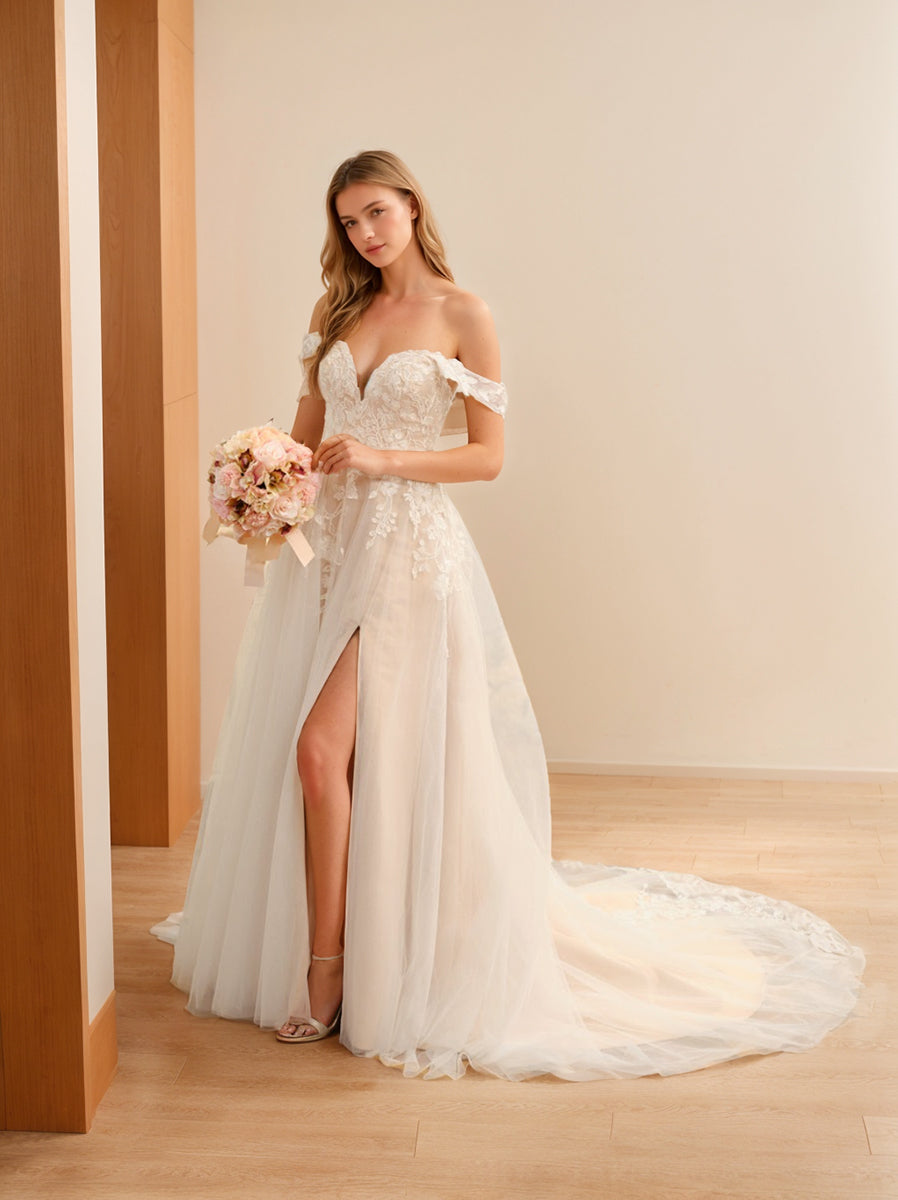 Robe de Mariée Longue Sans Manches Coupe A-Line/Princess avec Appliques et Fente Sur le Côté