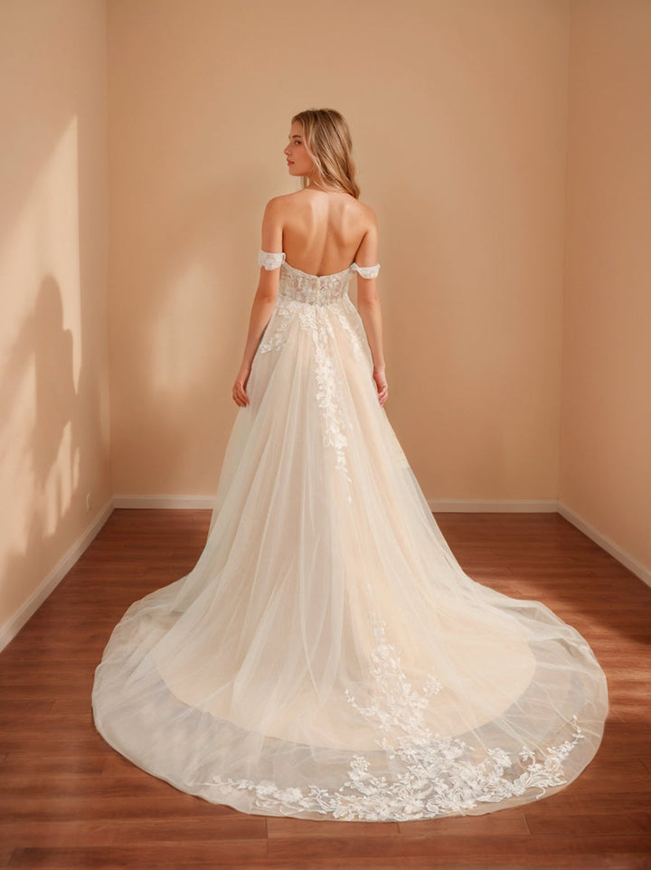 Robe de Mariée Longue Sans Manches Coupe A-Line/Princess avec Appliques et Fente Sur le Côté