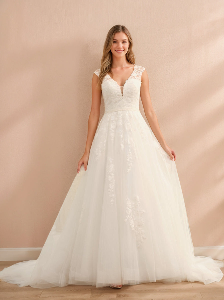 Robe de Mariée en Tulle Sans Manches à Col en V avec Appliques et Perles
