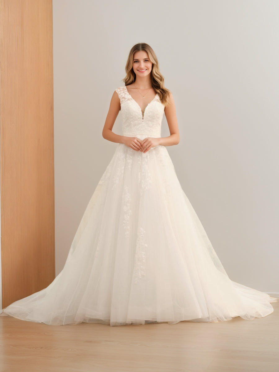 Robe de Mariée en Tulle Sans Manches à Col en V avec Appliques et Perles