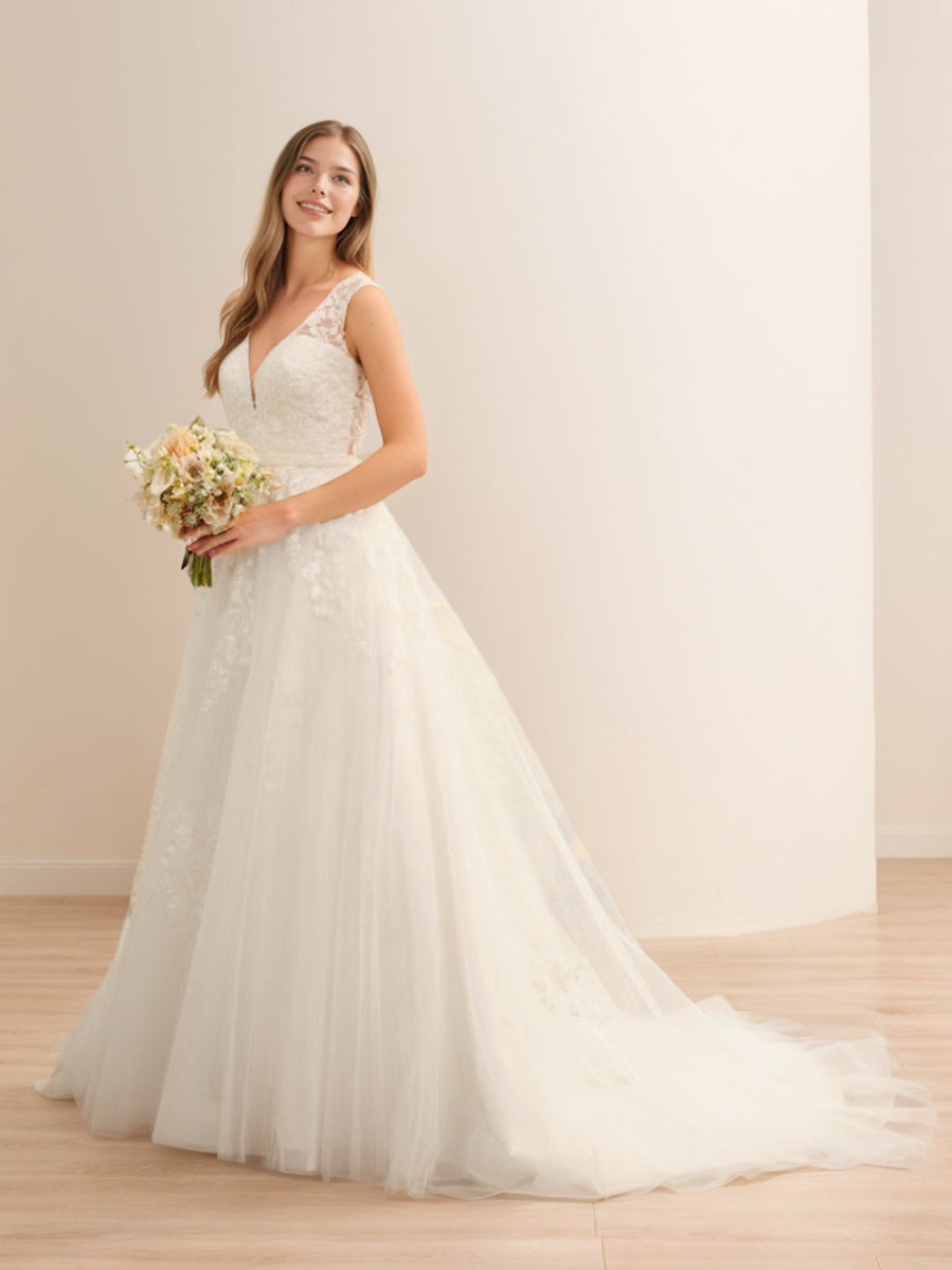 Robe de Mariée en Tulle Sans Manches à Col en V avec Appliques et Perles