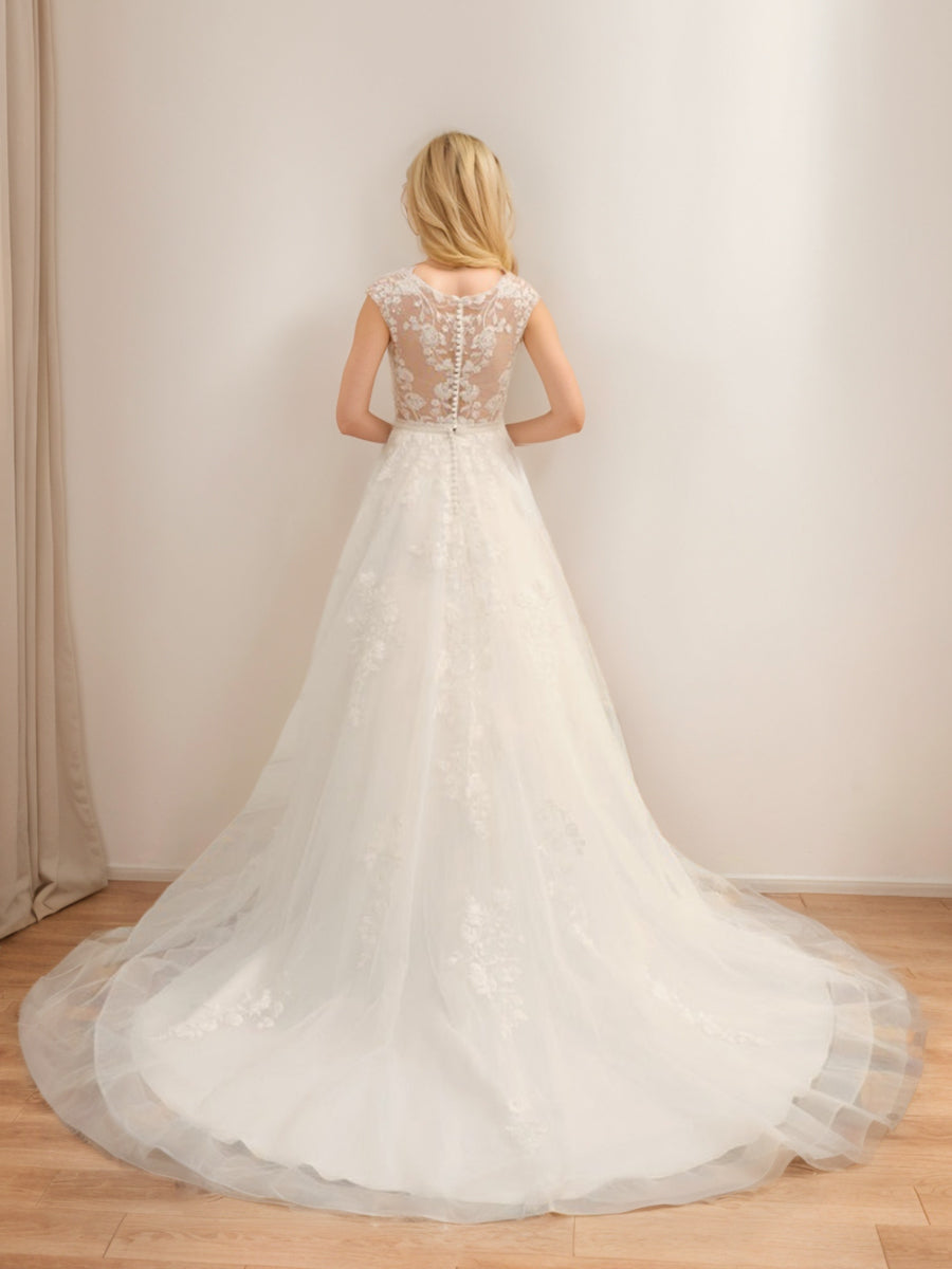 Robe de Mariée en Tulle Sans Manches à Col en V avec Appliques et Perles