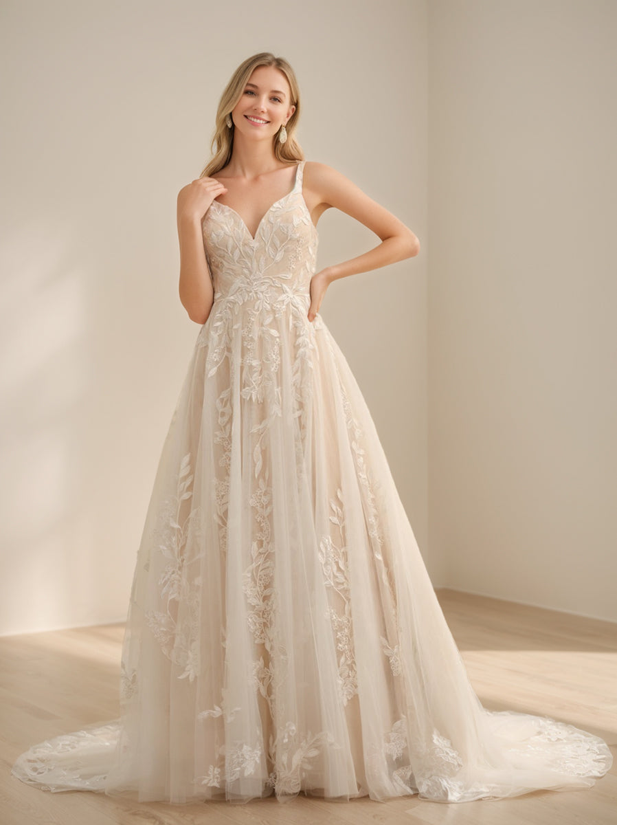 Robe de Mariée Longue Sans Manches à Bretelles Spaghetti de Forme A/Princesse avec Appliques