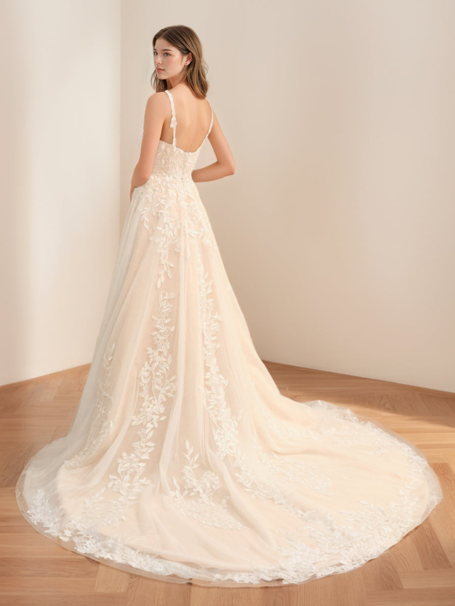 Robe de Mariée Longue Sans Manches à Bretelles Spaghetti de Forme A/Princesse avec Appliques