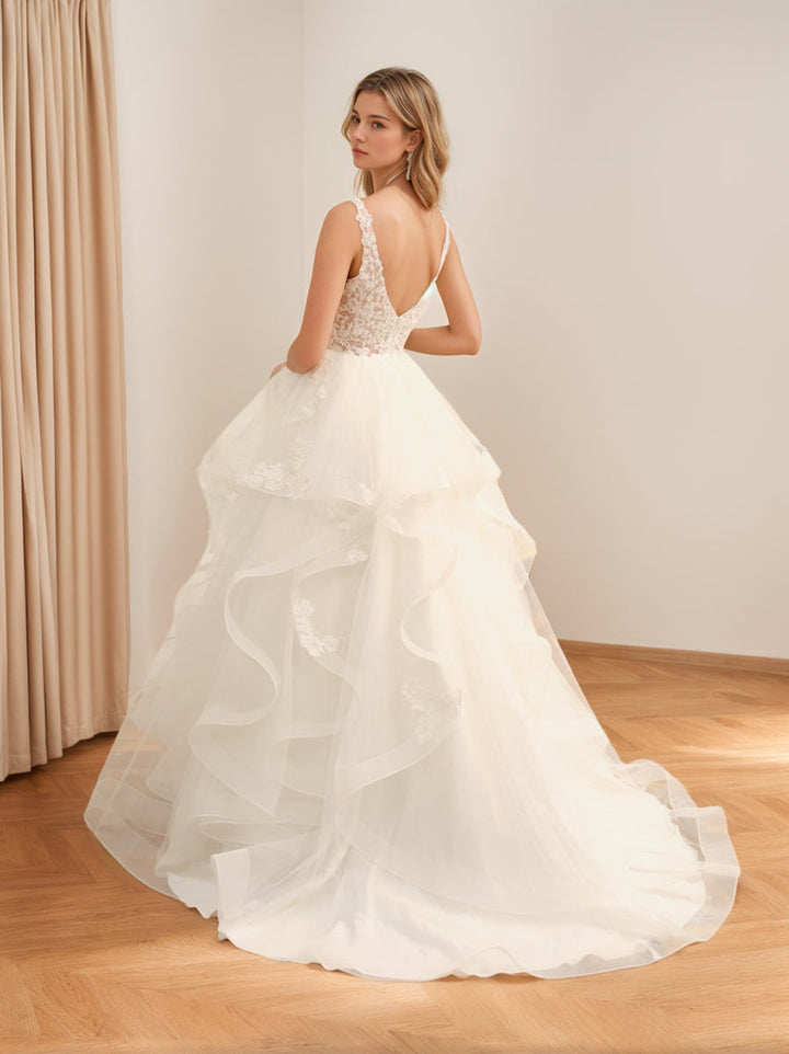 Robe de Mariée en Tulle Ivoire Sans Manches à Col en V avec Appliques en Dentelle