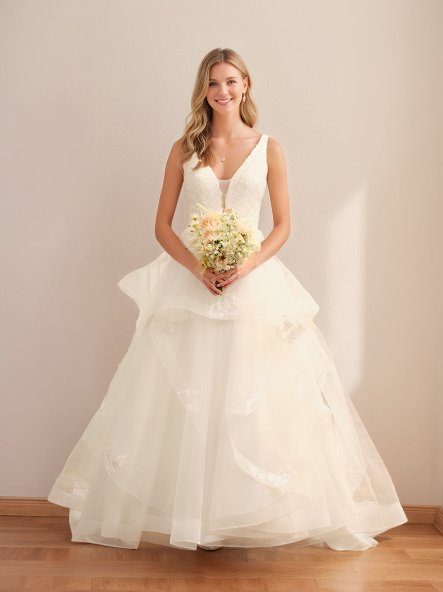 Robe de Mariée en Tulle Ivoire Sans Manches à Col en V avec Appliques en Dentelle