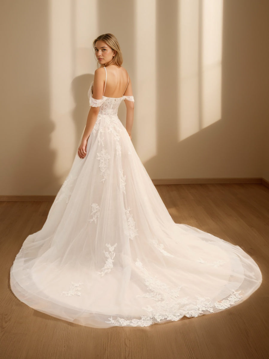 Robe de Mariée Longue en Tulle Sans Manches à Épaules Dénudées avec Appliques en Dentelle