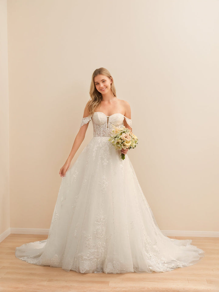 Robe de Mariée Longue en Tulle Sans Manches à Épaules Dénudées avec Appliques en Dentelle