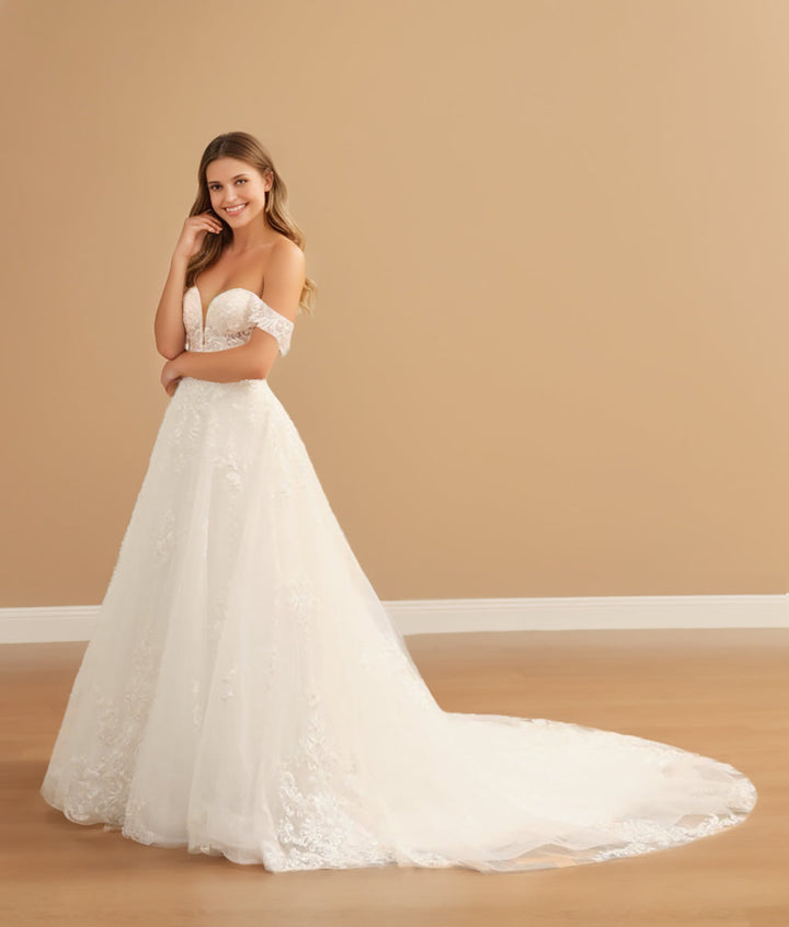 Robe de Mariée Longue en Tulle Sans Manches à Épaules Dénudées avec Appliques en Dentelle