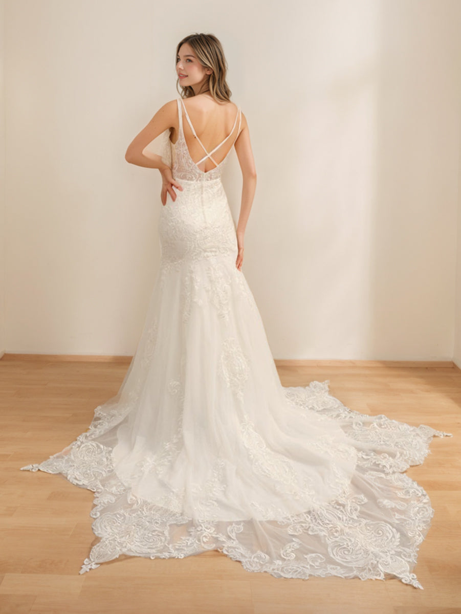 Robe de Mariée Longue en Tulle Sans Manches à Bretelles Spaghetti Trompette/Sirène avec Appliques en Dentelle