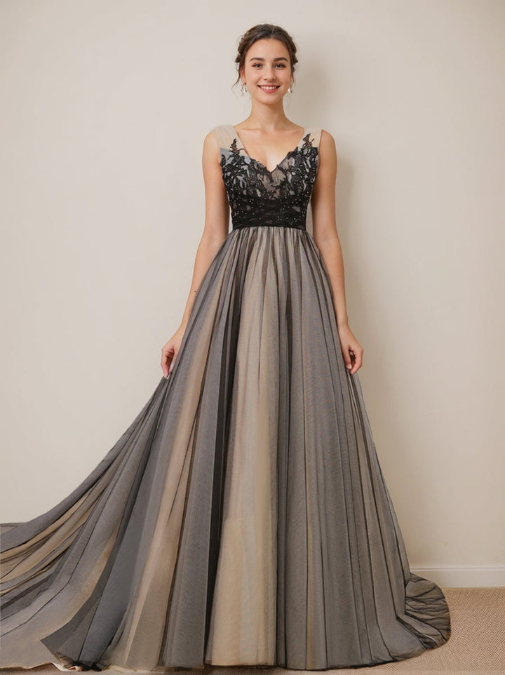 Robe de Mariée en Tulle à Col en V Sans Manches avec Appliques et Perles