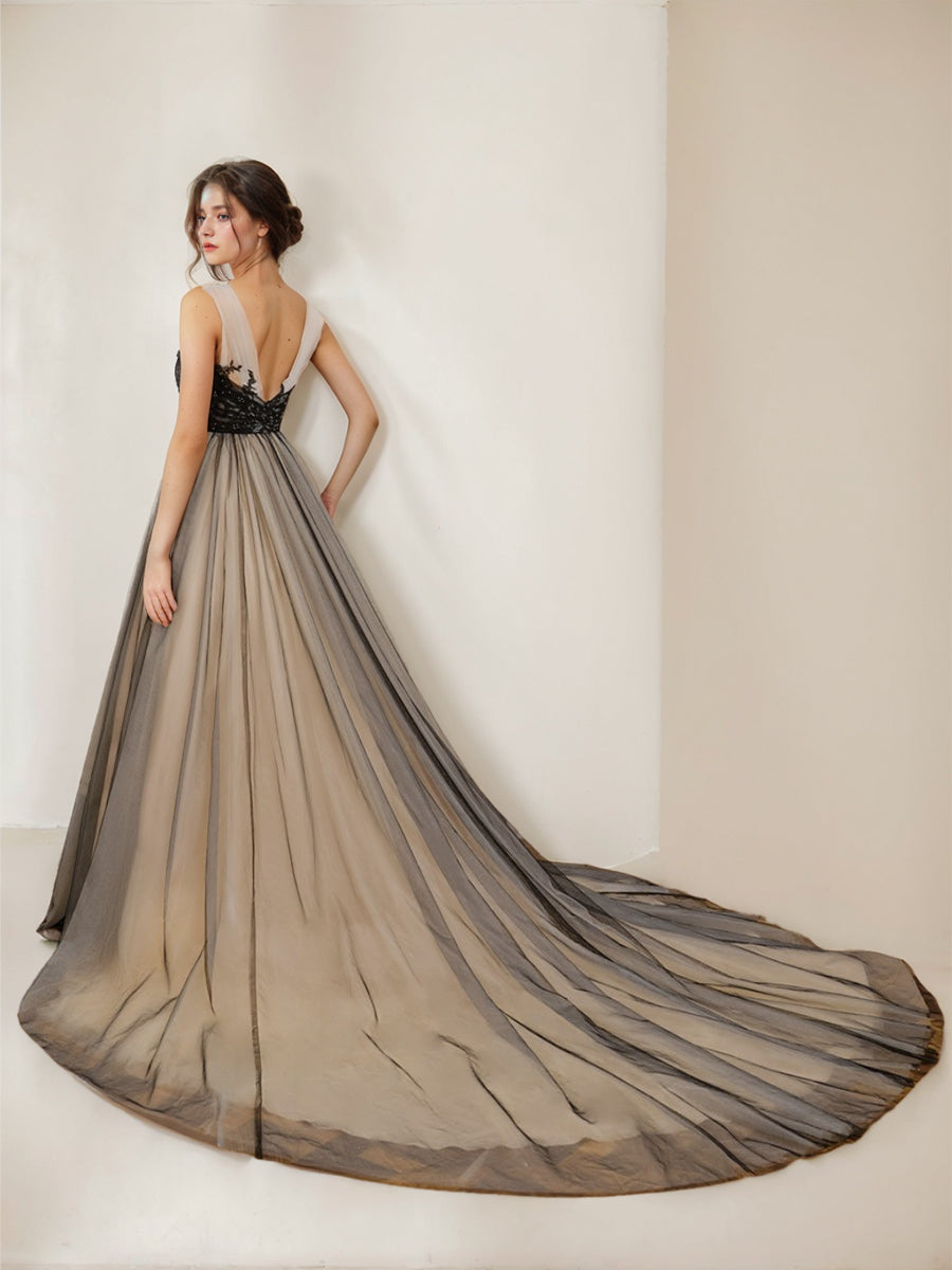 Robe de Mariée en Tulle à Col en V Sans Manches avec Appliques et Perles