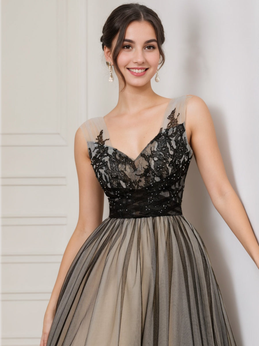 Robe de Mariée en Tulle à Col en V Sans Manches avec Appliques et Perles