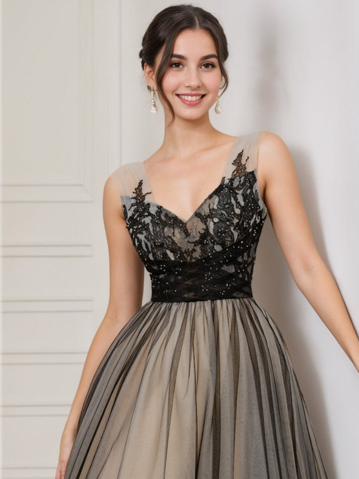 Robe de Mariée en Tulle à Col en V Sans Manches avec Appliques et Perles