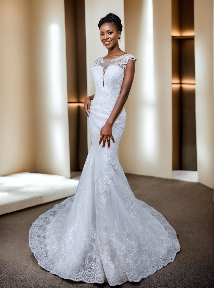 Robe de Mariée Sirène en Tulle à Col Transparent et Sans Manches avec Appliques en Dentelle