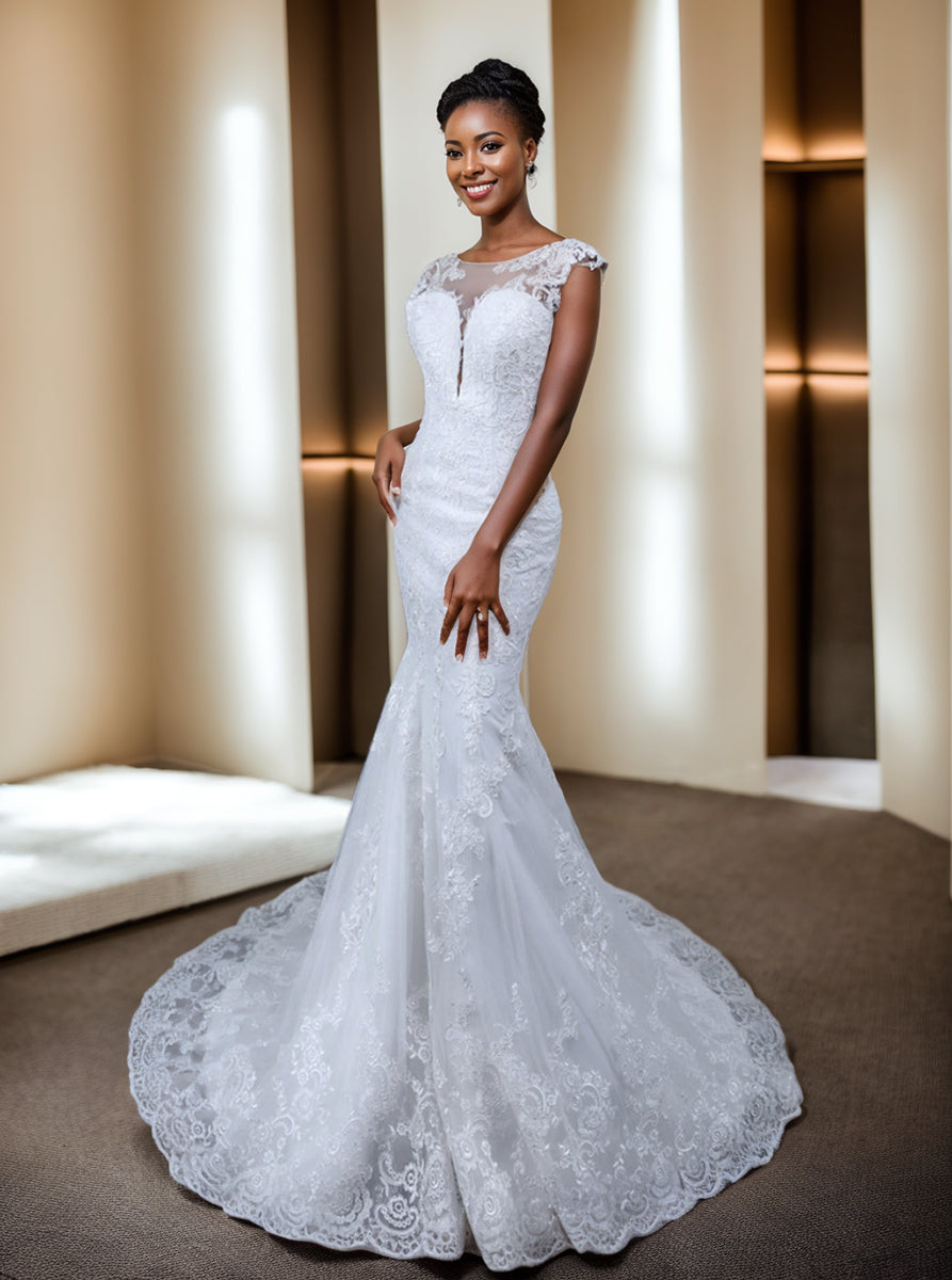 Robe de Mariée Sirène en Tulle à Col Transparent et Sans Manches avec Appliques en Dentelle