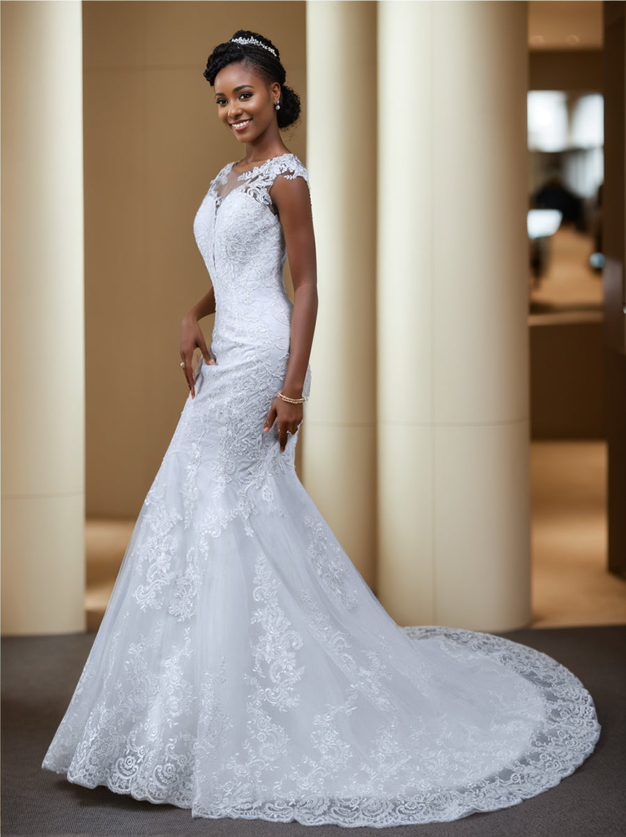 Robe de Mariée Sirène en Tulle à Col Transparent et Sans Manches avec Appliques en Dentelle