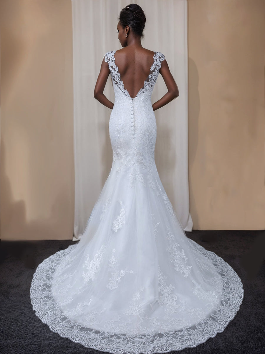 Robe de Mariée Sirène en Tulle à Col Transparent et Sans Manches avec Appliques en Dentelle