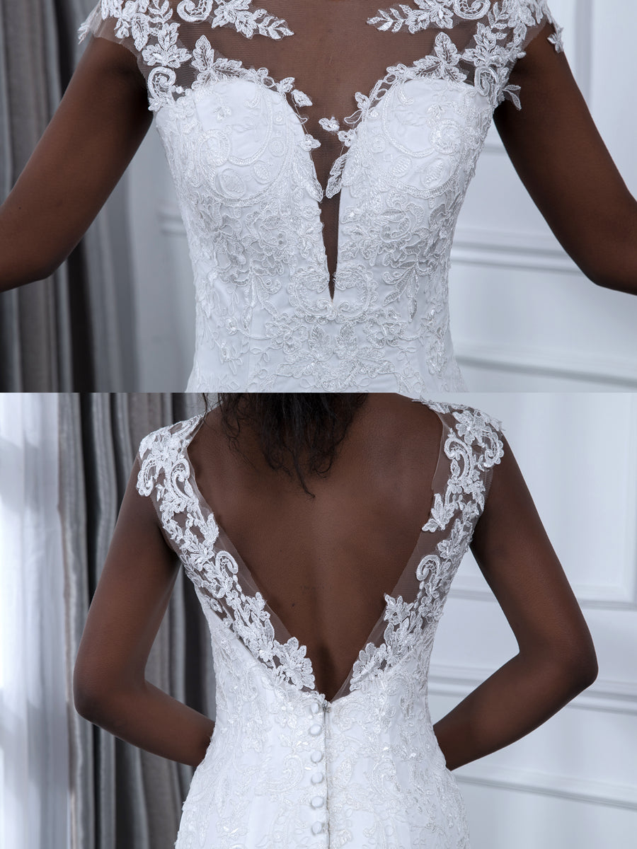 Robe de Mariée Sirène en Tulle à Col Transparent et Sans Manches avec Appliques en Dentelle