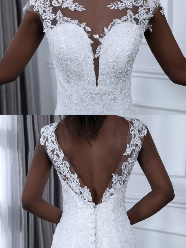 Robe de Mariée Sirène en Tulle à Col Transparent et Sans Manches avec Appliques en Dentelle