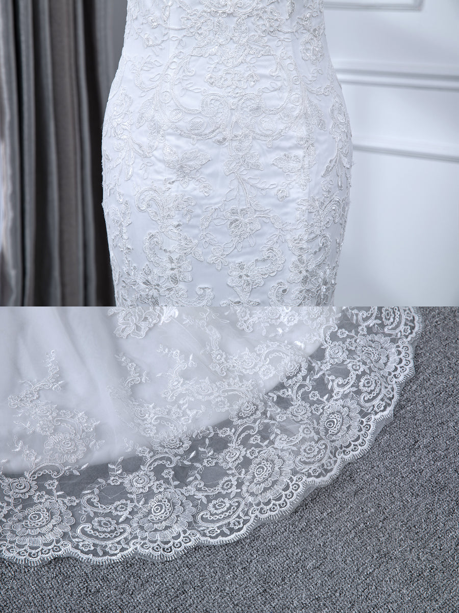 Robe de Mariée Sirène en Tulle à Col Transparent et Sans Manches avec Appliques en Dentelle