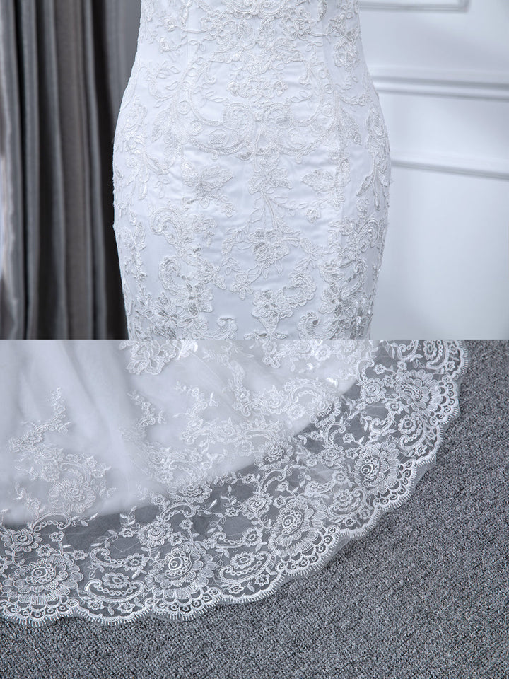 Robe de Mariée Sirène en Tulle à Col Transparent et Sans Manches avec Appliques en Dentelle
